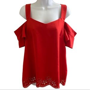 Blue rain red laser cut cold shoulder top blouse large